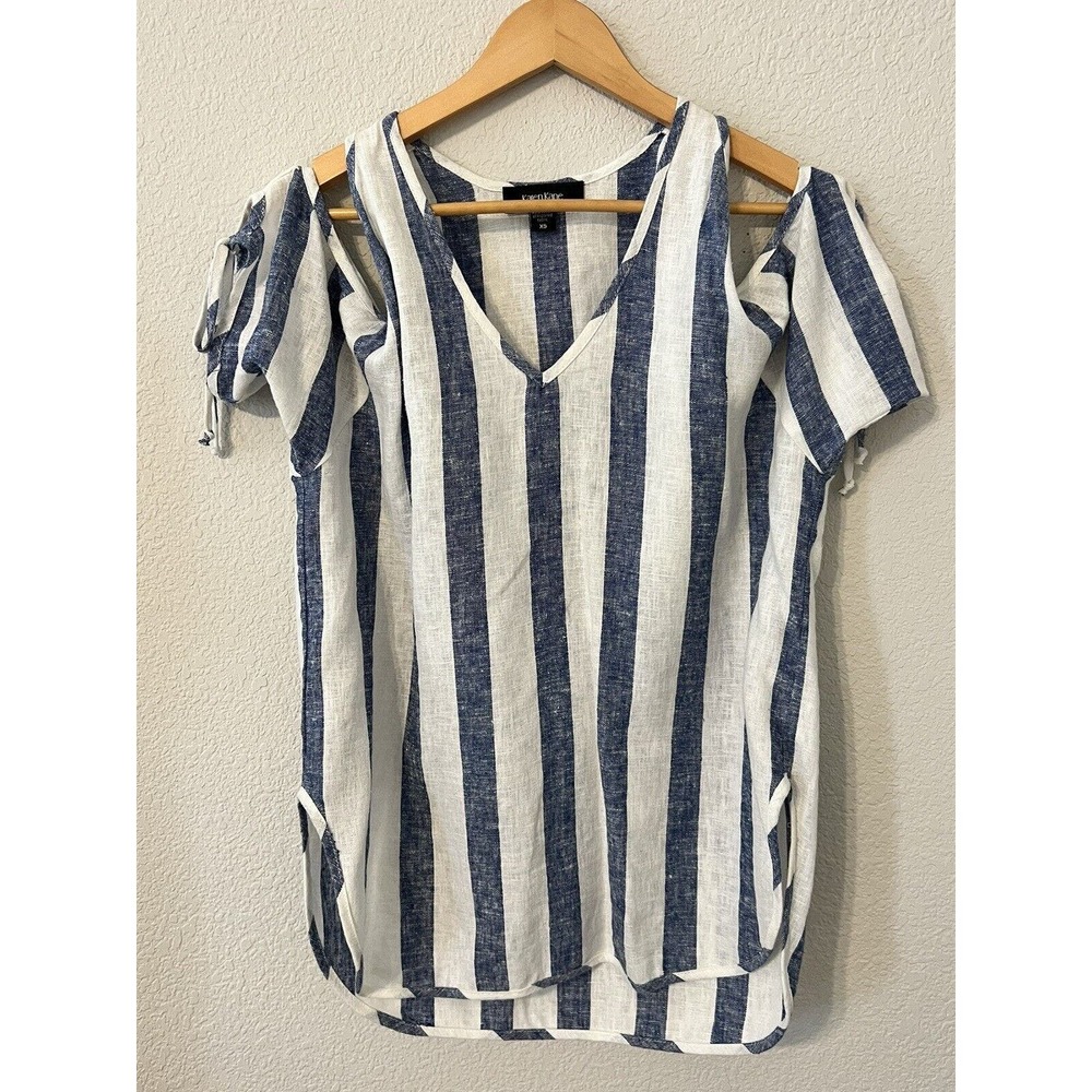Karen Kane White and Blue Off The Shoulder Striped 3/4 Sleeve V Neck Top Size XS